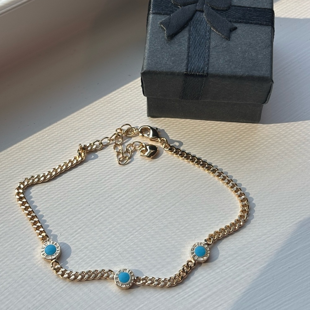 Gold Plated Turquoise Station Bracelet ✨ Roman Numeral Medallion Chain Bracelet